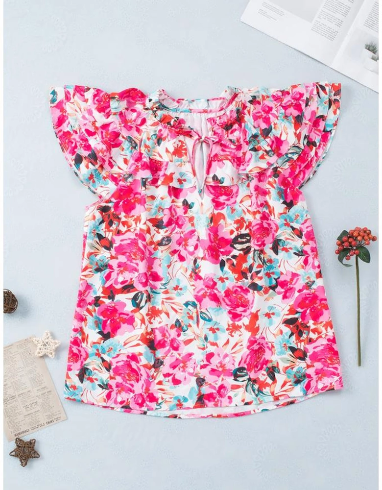 Rose Ruffle Flutter Sleeve Floral Print Blouse