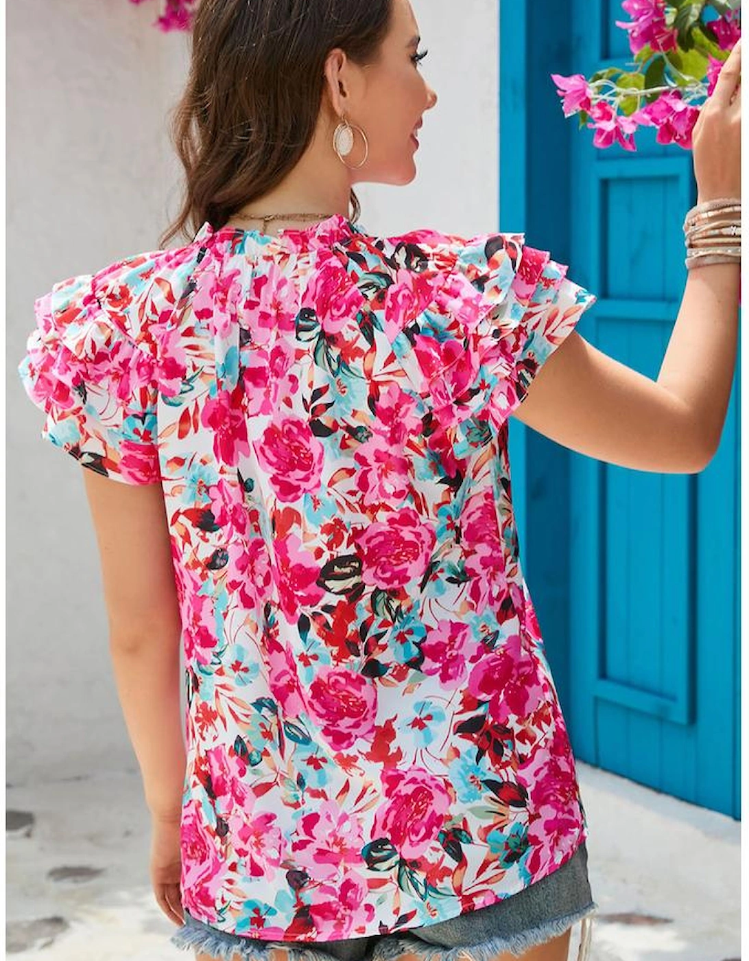 Rose Ruffle Flutter Sleeve Floral Print Blouse