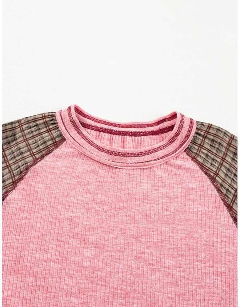 Fushia Mixed Print Raglan Sleeve Ribbed Knit Patchwork Blouse