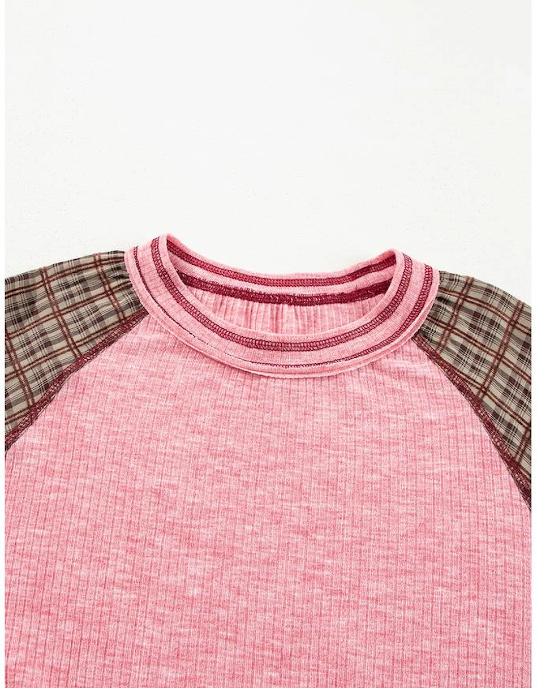 Fushia Mixed Print Raglan Sleeve Ribbed Knit Patchwork Blouse