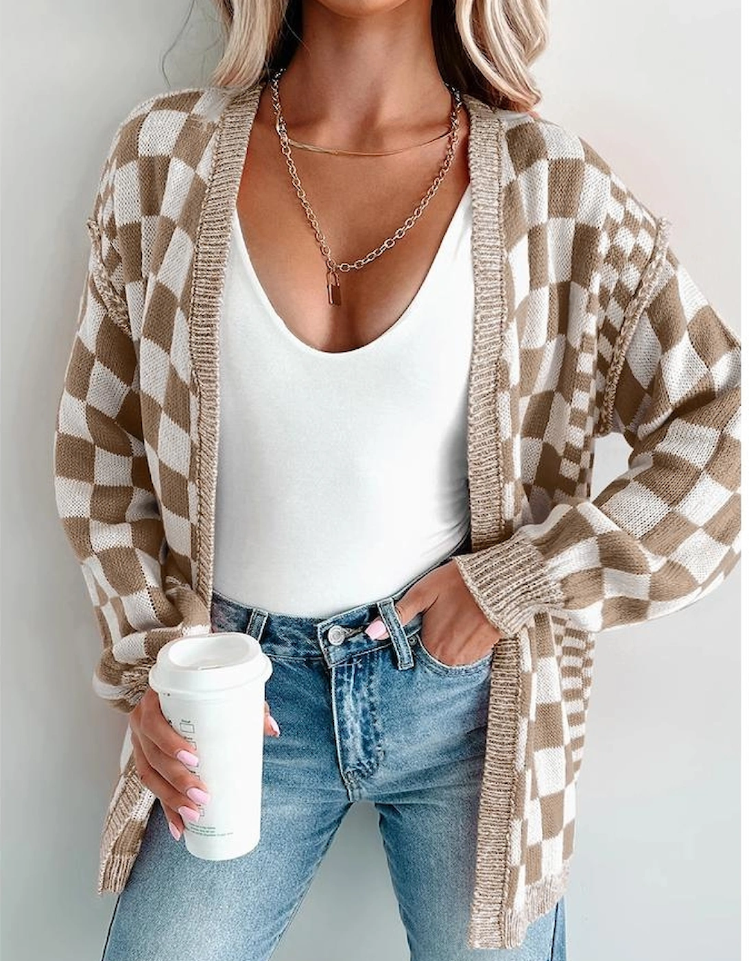 Brown Checkered Open Front Drop Shoulder Cardigan