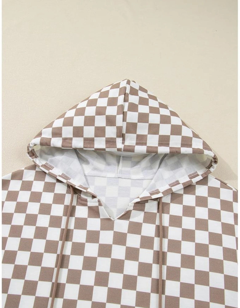 Khaki Double Checkered Patchwork Tie Neck Oversize Hoodie
