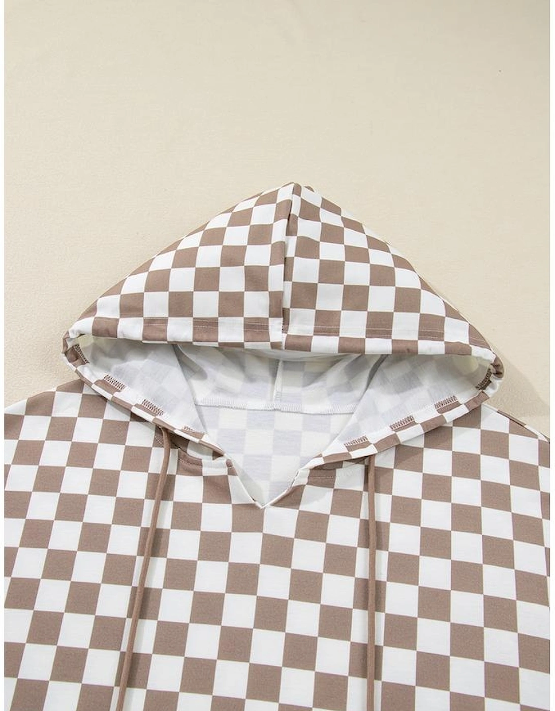 Khaki Double Checkered Patchwork Tie Neck Oversize Hoodie