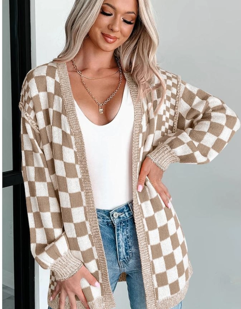 Brown Checkered Open Front Drop Shoulder Cardigan