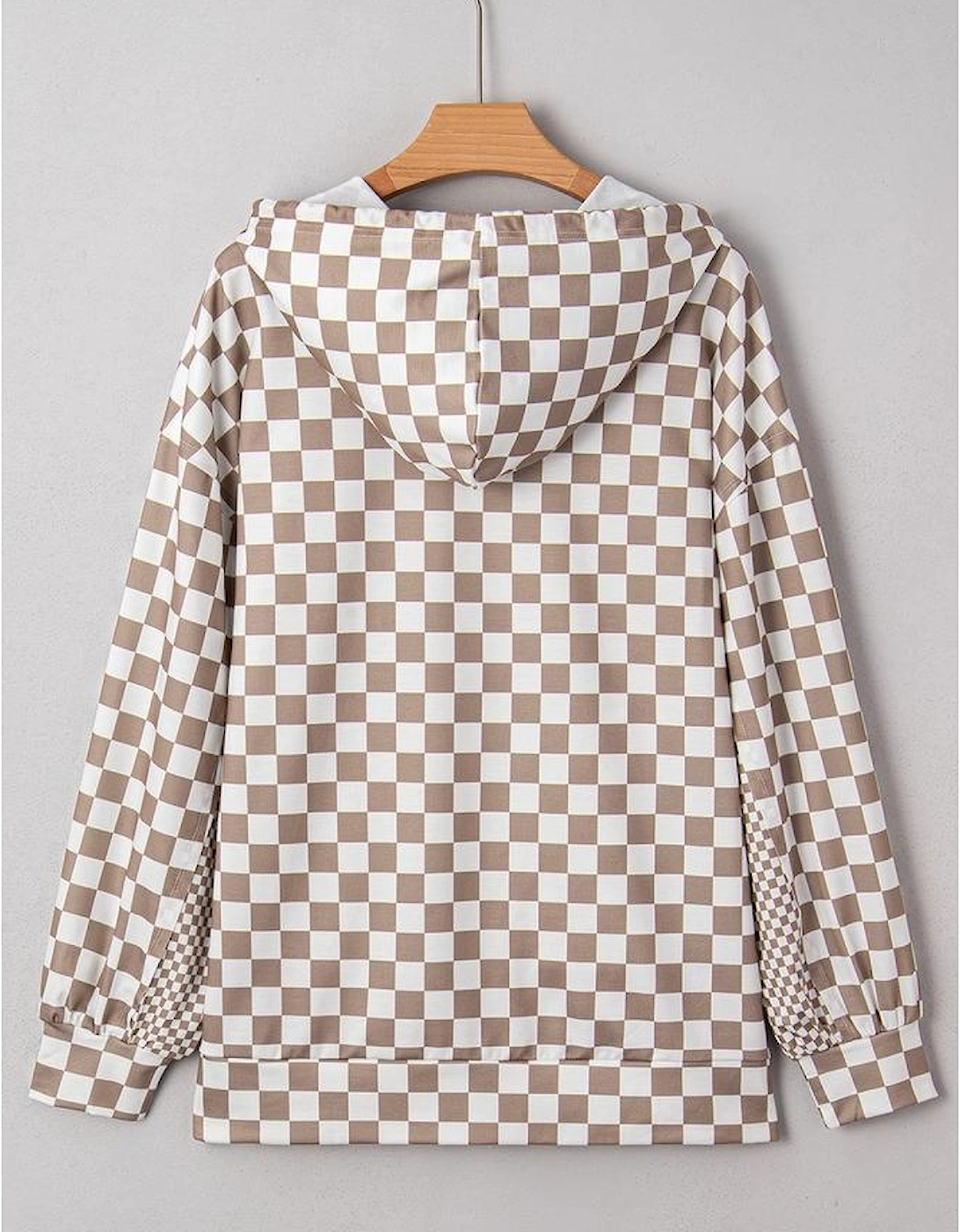 Khaki Double Checkered Patchwork Tie Neck Oversize Hoodie
