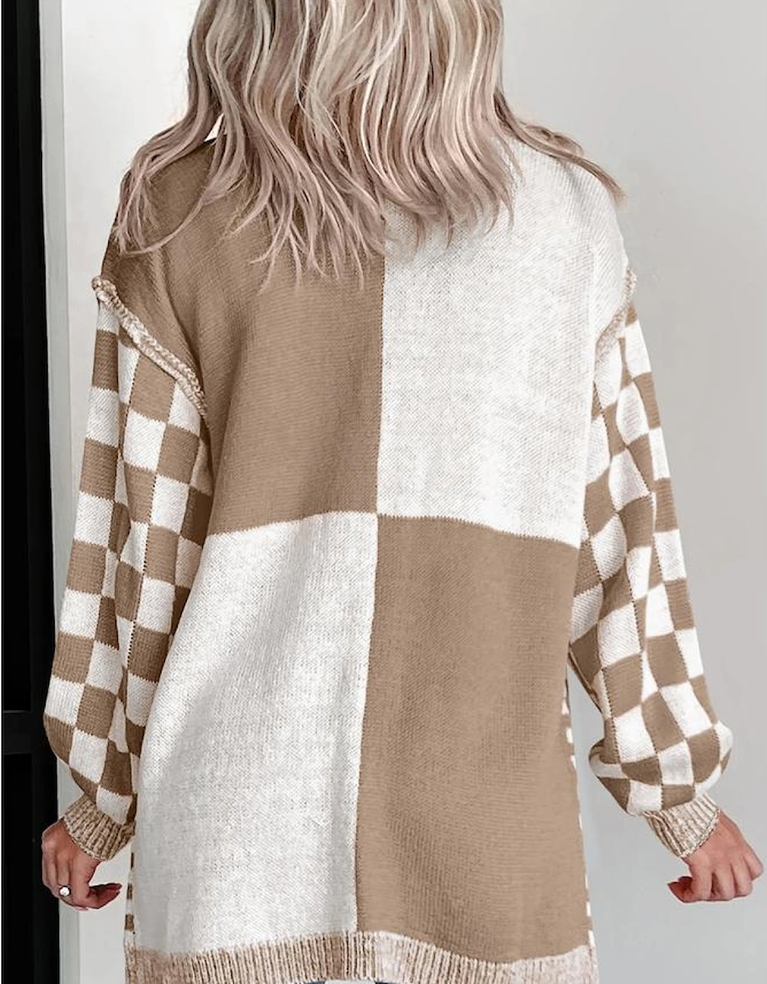 Brown Checkered Open Front Drop Shoulder Cardigan, 4 of 3