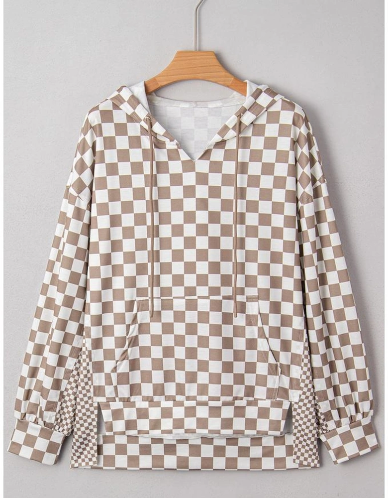 Khaki Double Checkered Patchwork Tie Neck Oversize Hoodie