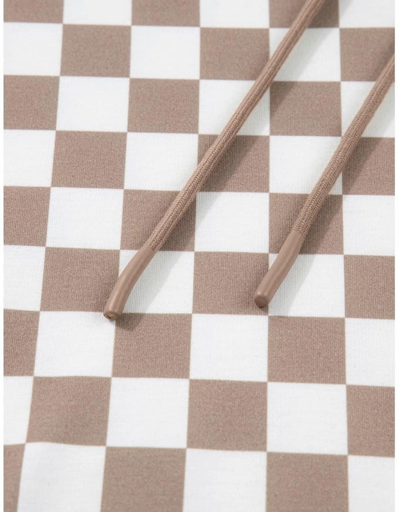 Khaki Double Checkered Patchwork Tie Neck Oversize Hoodie