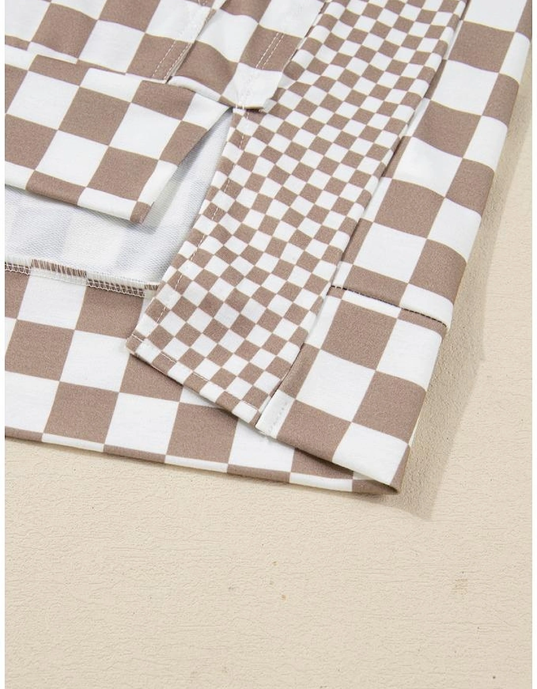 Khaki Double Checkered Patchwork Tie Neck Oversize Hoodie