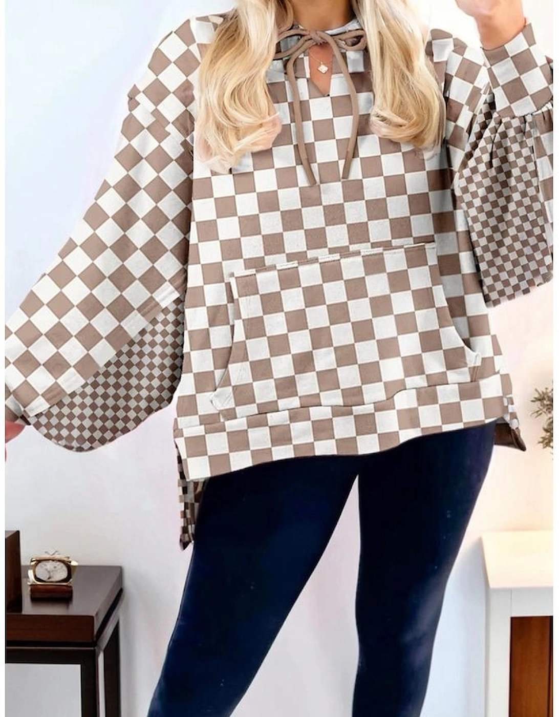 Khaki Double Checkered Patchwork Tie Neck Oversize Hoodie