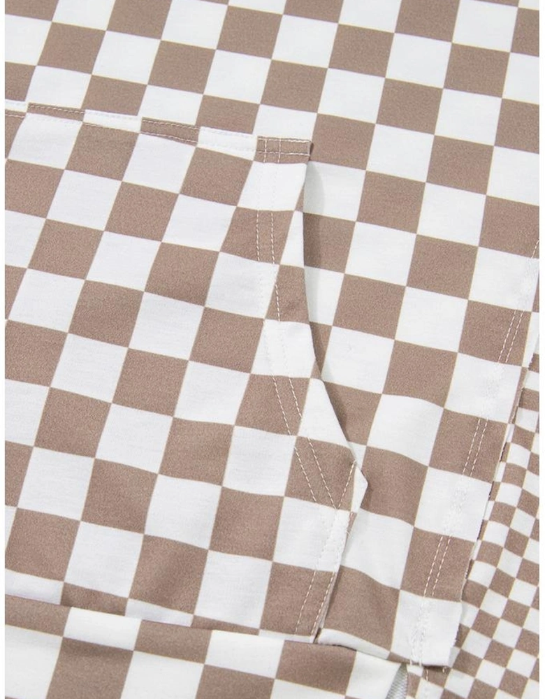 Khaki Double Checkered Patchwork Tie Neck Oversize Hoodie