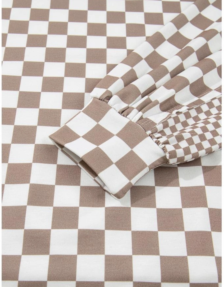 Khaki Double Checkered Patchwork Tie Neck Oversize Hoodie