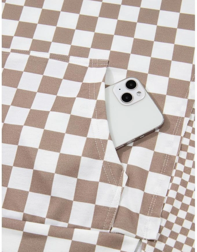 Khaki Double Checkered Patchwork Tie Neck Oversize Hoodie