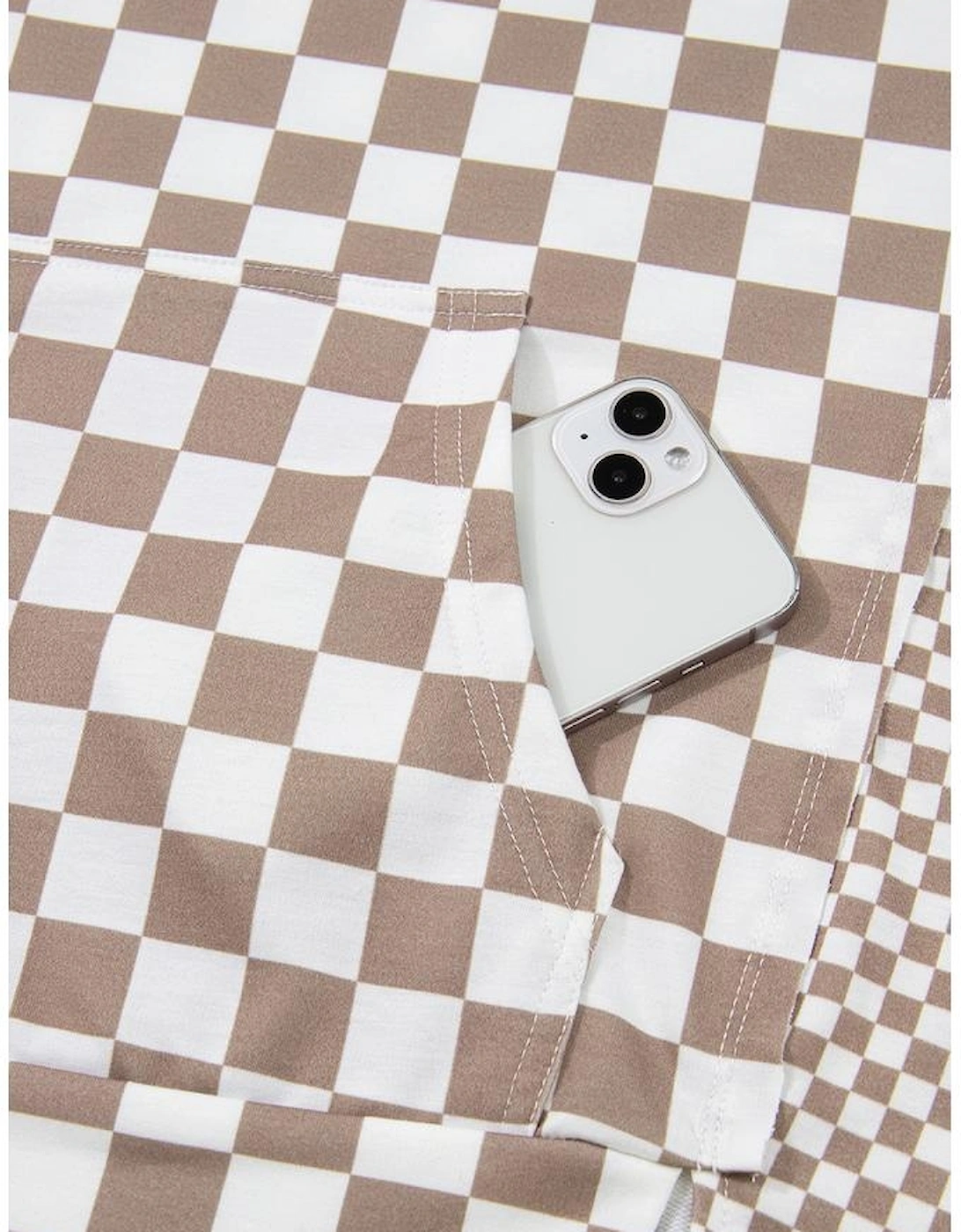 Khaki Double Checkered Patchwork Tie Neck Oversize Hoodie