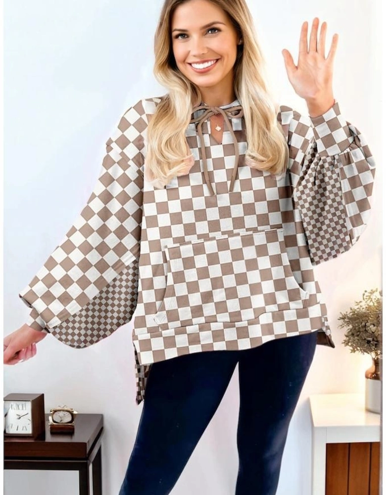 Khaki Double Checkered Patchwork Tie Neck Oversize Hoodie