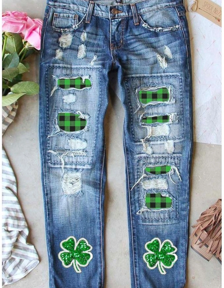 Sky Blue Glitter Clover Patch Plaid Insert Distressed Jeans