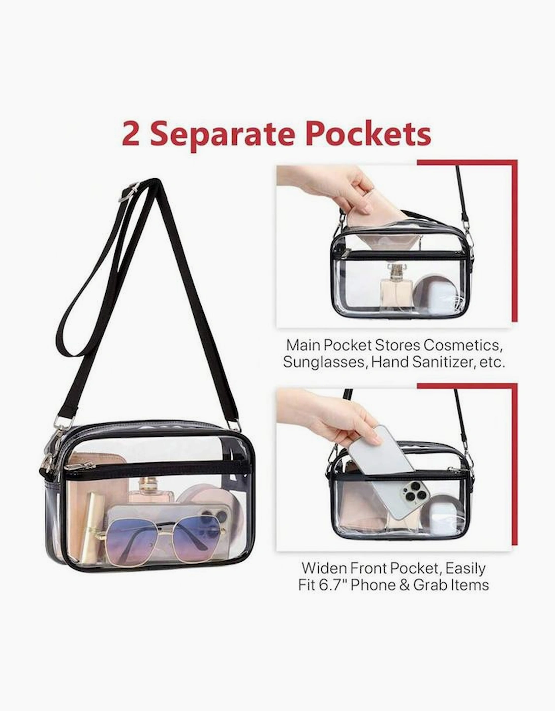Black Multi-Pocket Contrast Edge Detachable Strap Clear Shoulder Bag