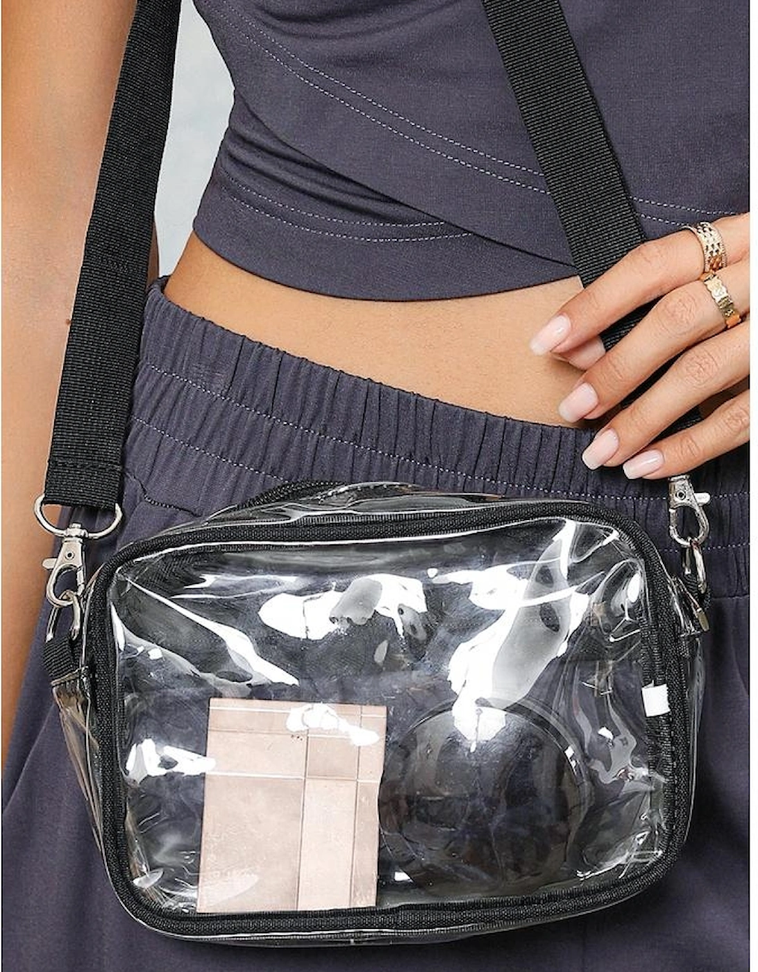 Black Multi-Pocket Contrast Edge Detachable Strap Clear Shoulder Bag
