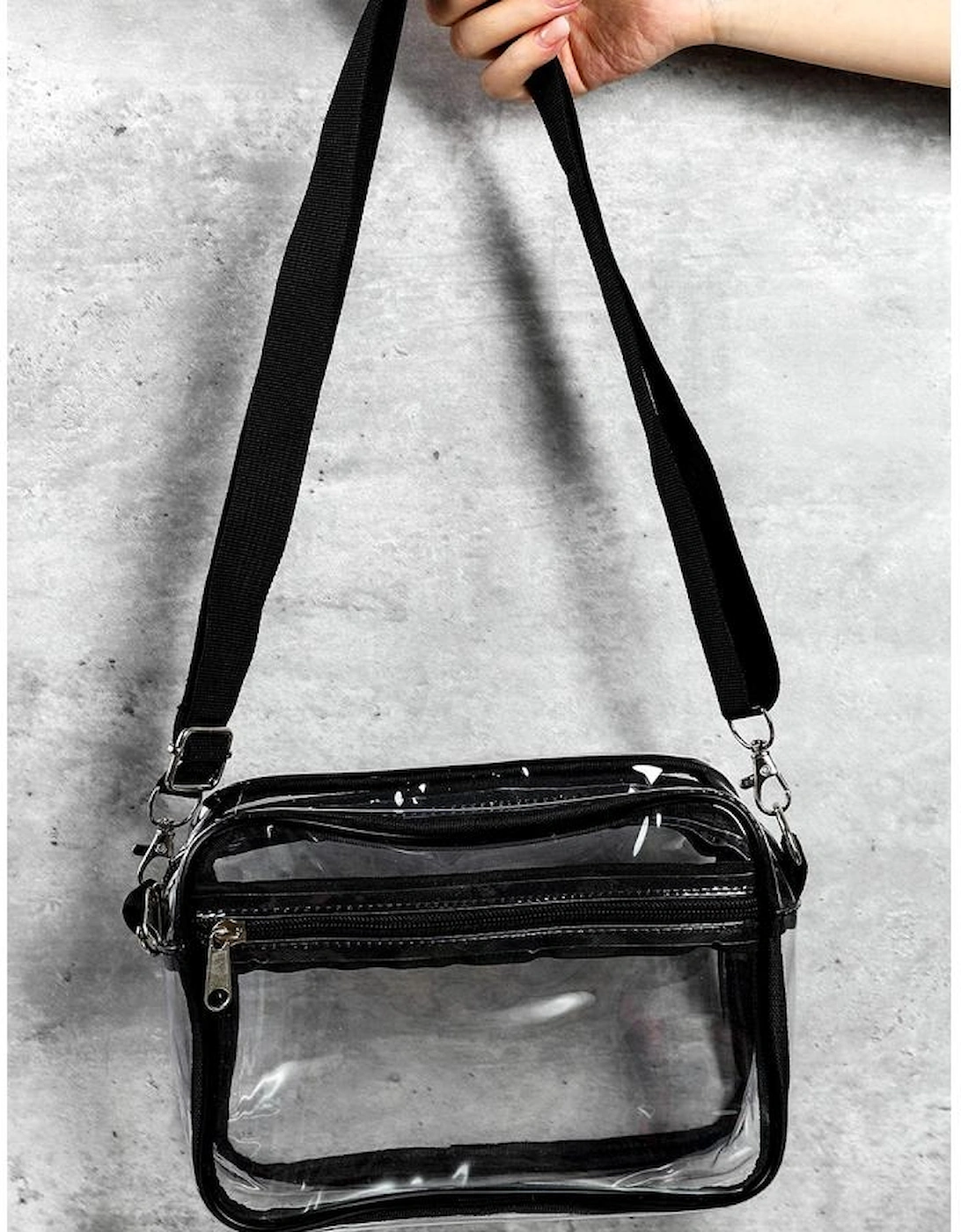 Black Multi-Pocket Contrast Edge Detachable Strap Clear Shoulder Bag