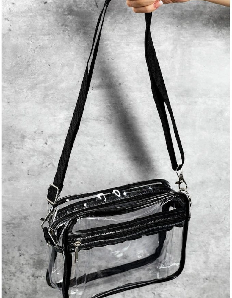 Black Multi-Pocket Contrast Edge Detachable Strap Clear Shoulder Bag