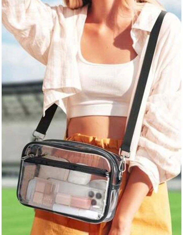 Black Multi-Pocket Contrast Edge Detachable Strap Clear Shoulder Bag