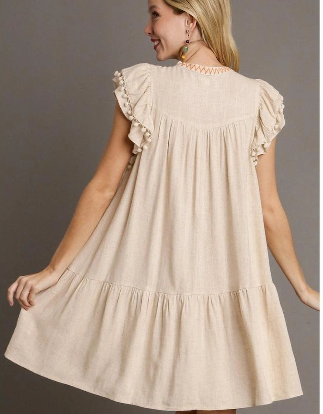 Jet Stream Linen Embroidery Split Neck Pom Pom Ruffle Sleeves Flowy Short Dress, 14 of 13