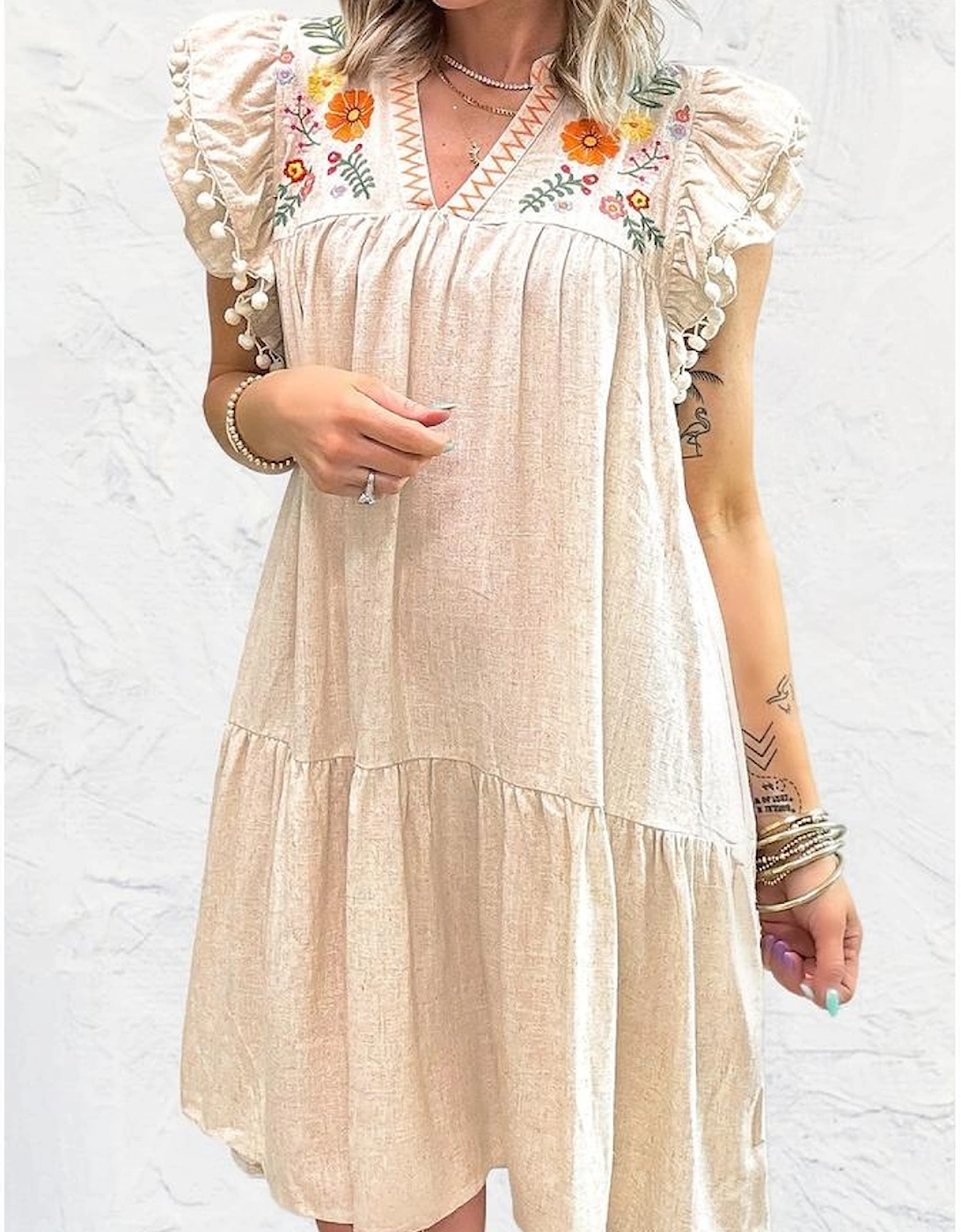 Jet Stream Linen Embroidery Split Neck Pom Pom Ruffle Sleeves Flowy Short Dress