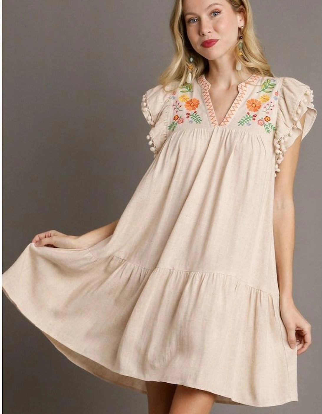 Jet Stream Linen Embroidery Split Neck Pom Pom Ruffle Sleeves Flowy Short Dress