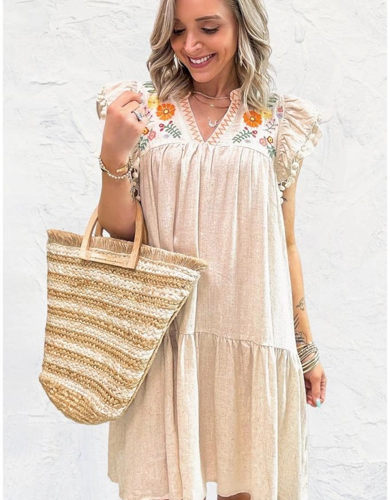 Jet Stream Linen Embroidery Split Neck Pom Pom Ruffle Sleeves Flowy Short Dress