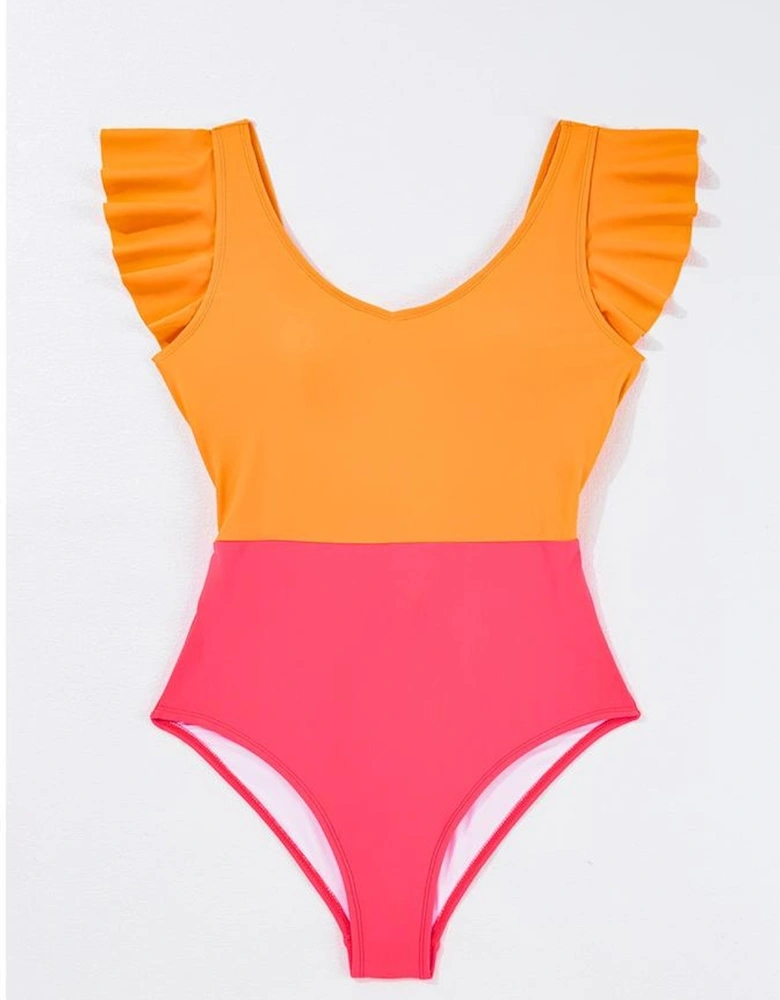 Vitality Orange Color Block Ruffled Knotted Backless One Piece Swimsuit