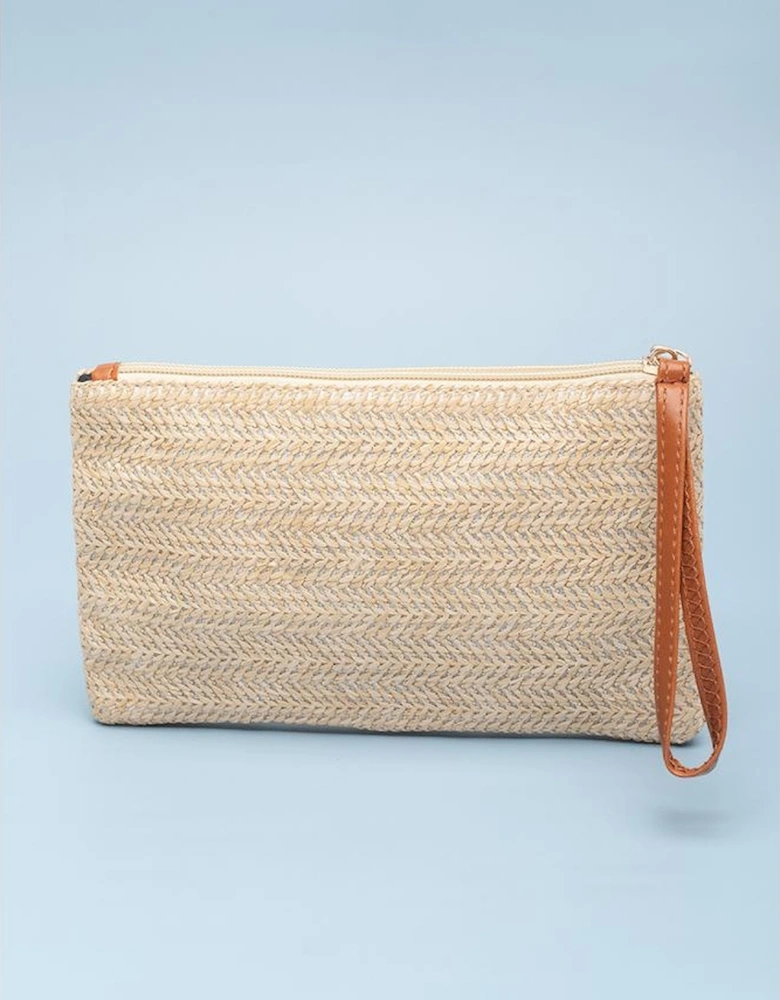 Oatmeal Straw Woven Wrist Strap Zipper Large Wallet