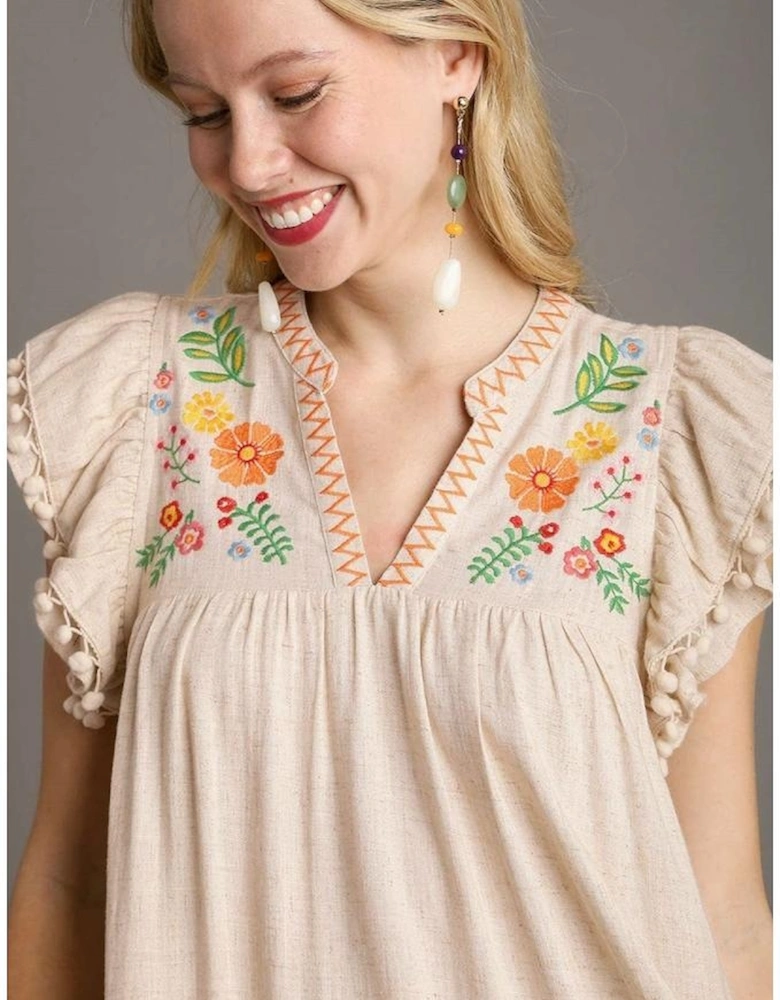 Jet Stream Linen Embroidery Split Neck Pom Pom Ruffle Sleeves Flowy Short Dress