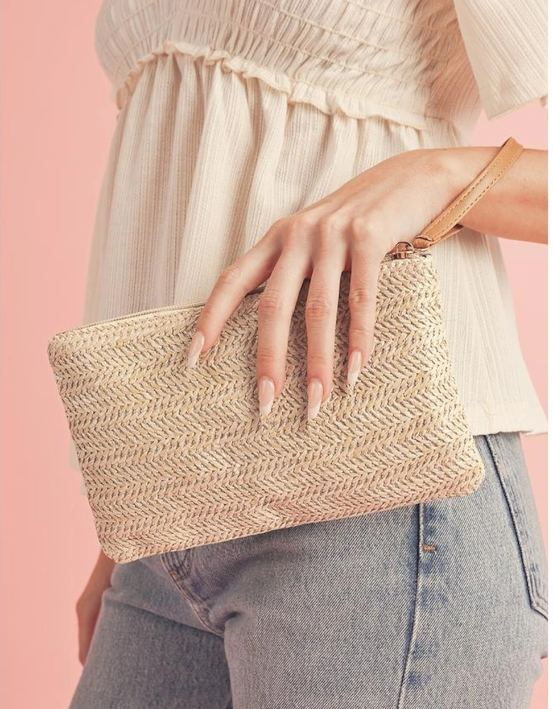 Oatmeal Straw Woven Wrist Strap Zipper Large Wallet