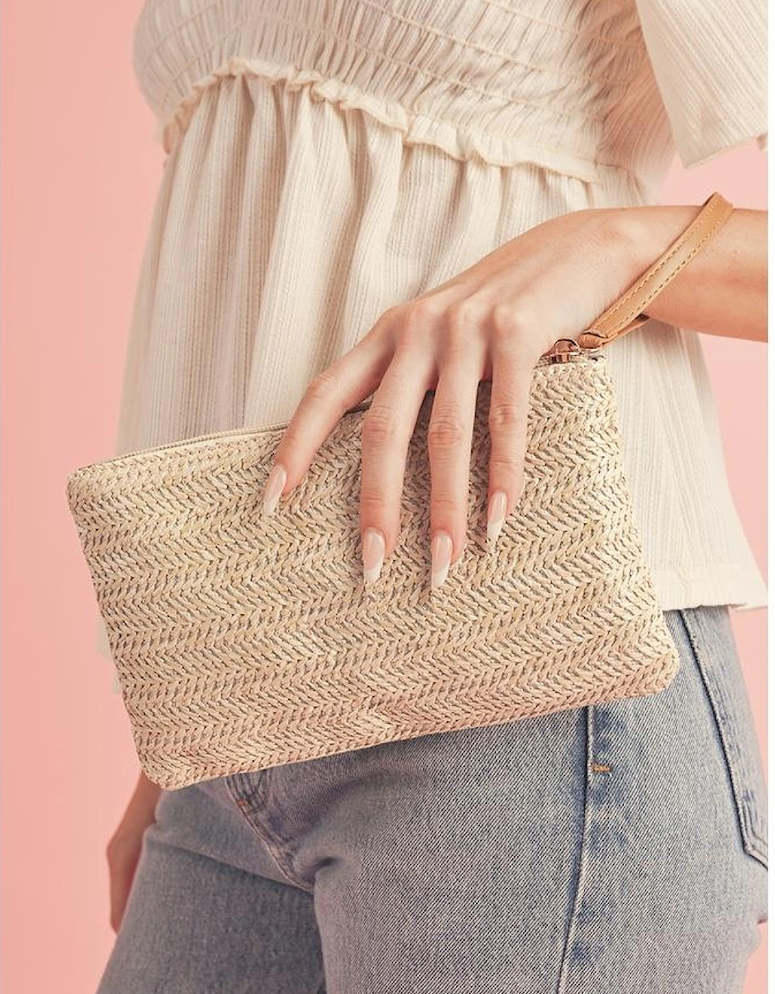 Oatmeal Straw Woven Wrist Strap Zipper Large Wallet