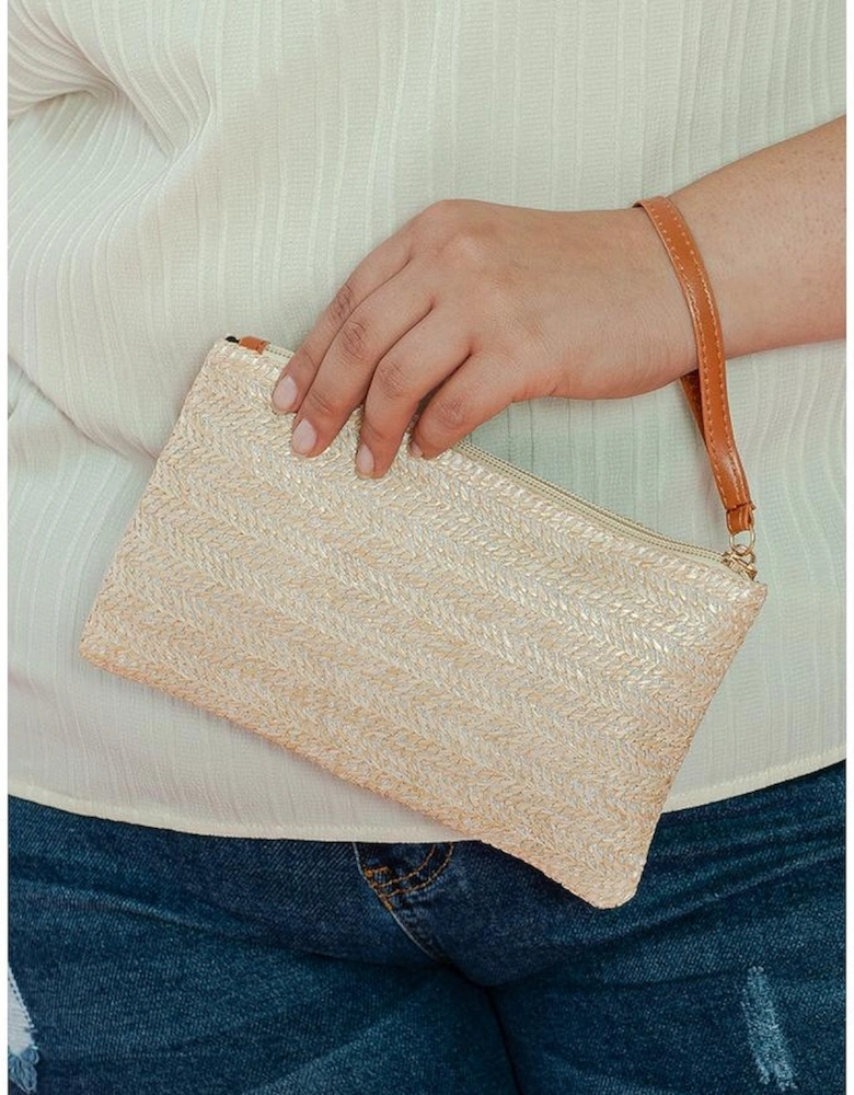 Oatmeal Straw Woven Wrist Strap Zipper Large Wallet