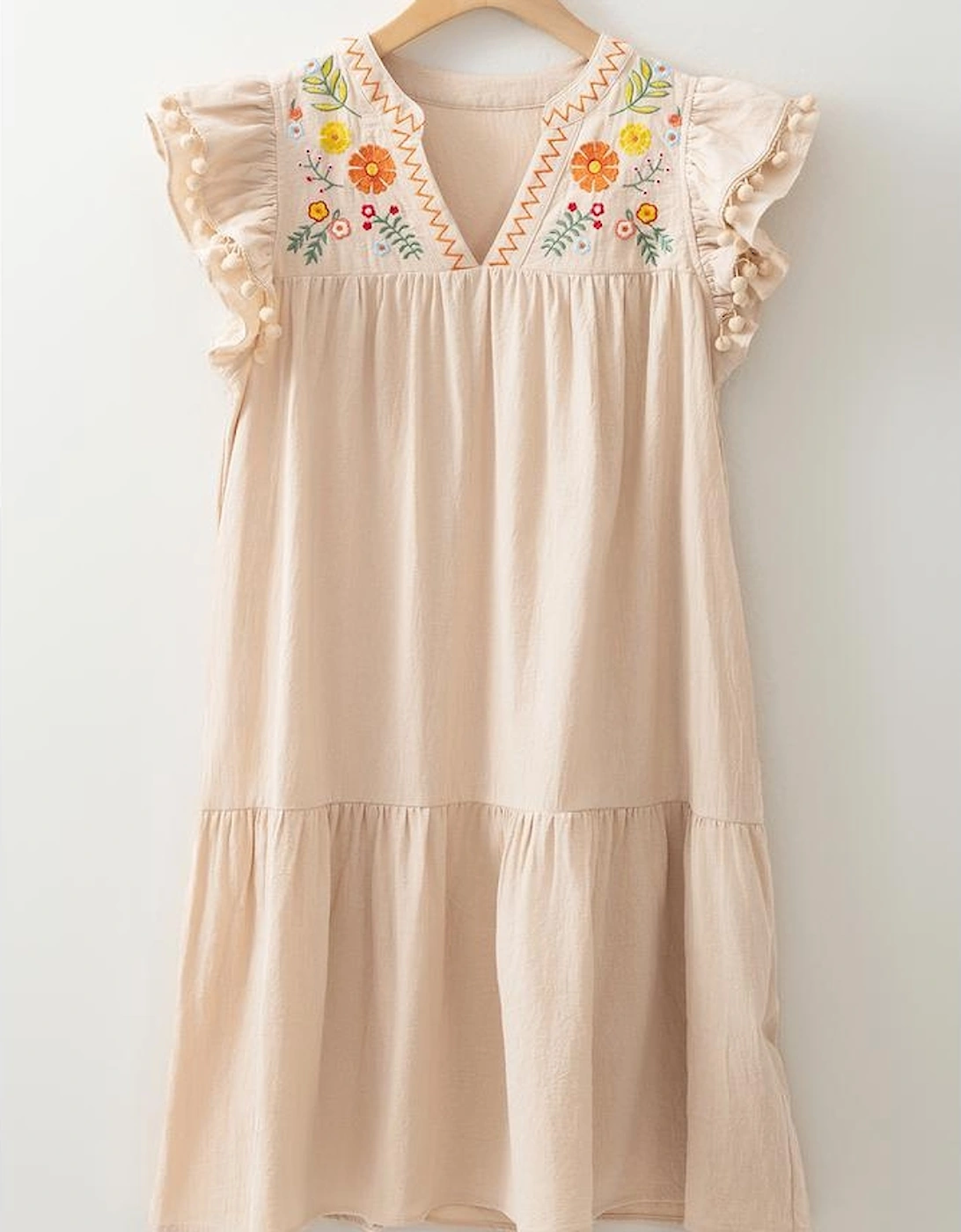 Jet Stream Linen Embroidery Split Neck Pom Pom Ruffle Sleeves Flowy Short Dress