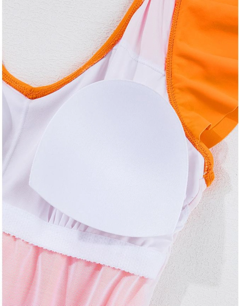 Vitality Orange Color Block Ruffled Knotted Backless One Piece Swimsuit