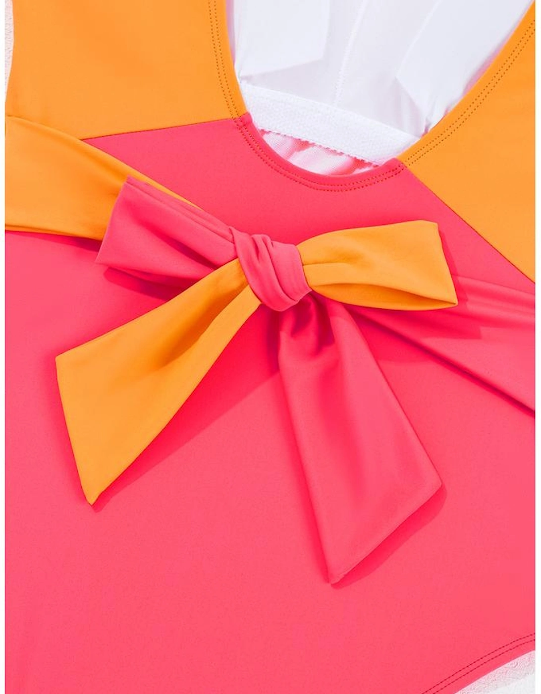 Vitality Orange Color Block Ruffled Knotted Backless One Piece Swimsuit