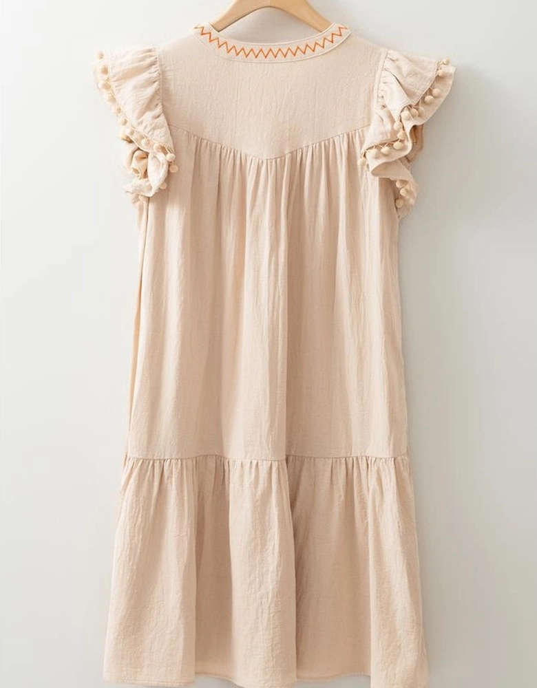Jet Stream Linen Embroidery Split Neck Pom Pom Ruffle Sleeves Flowy Short Dress