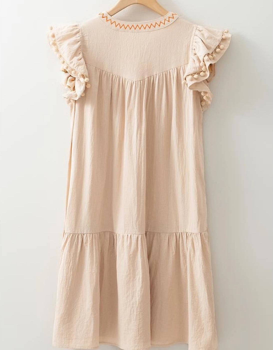 Jet Stream Linen Embroidery Split Neck Pom Pom Ruffle Sleeves Flowy Short Dress