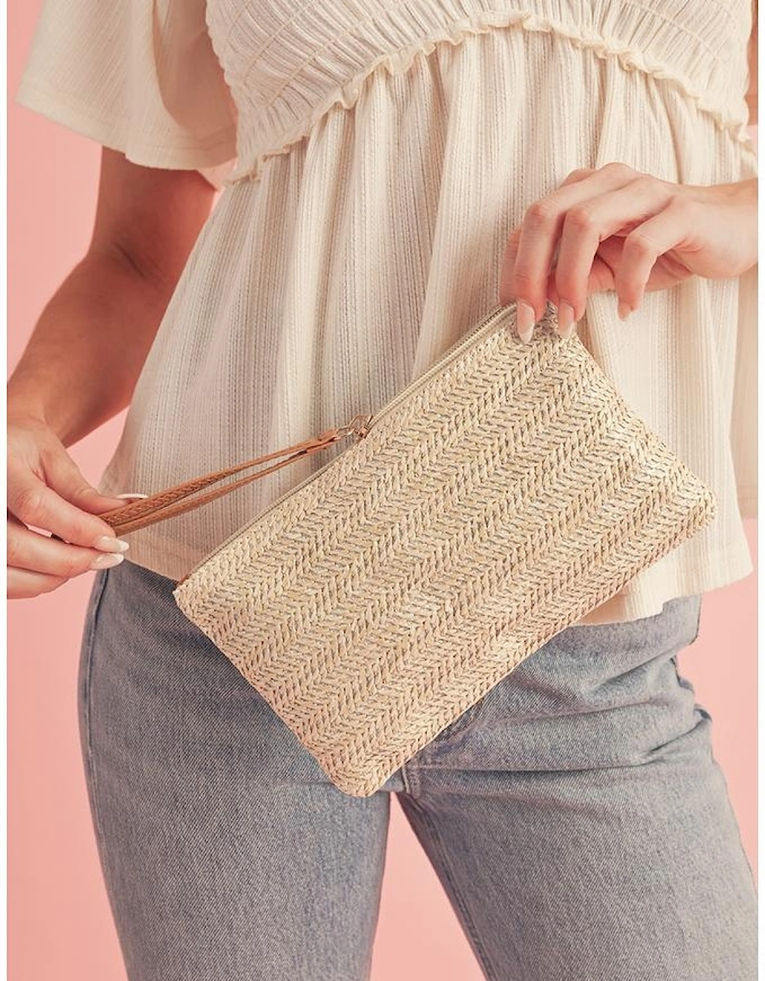 Oatmeal Straw Woven Wrist Strap Zipper Large Wallet