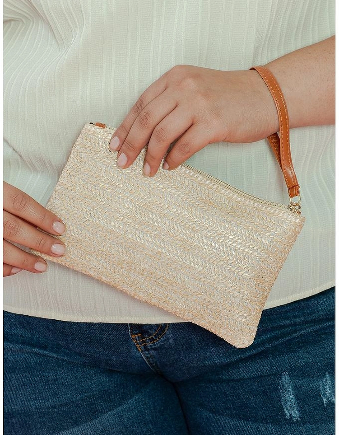 Oatmeal Straw Woven Wrist Strap Zipper Large Wallet