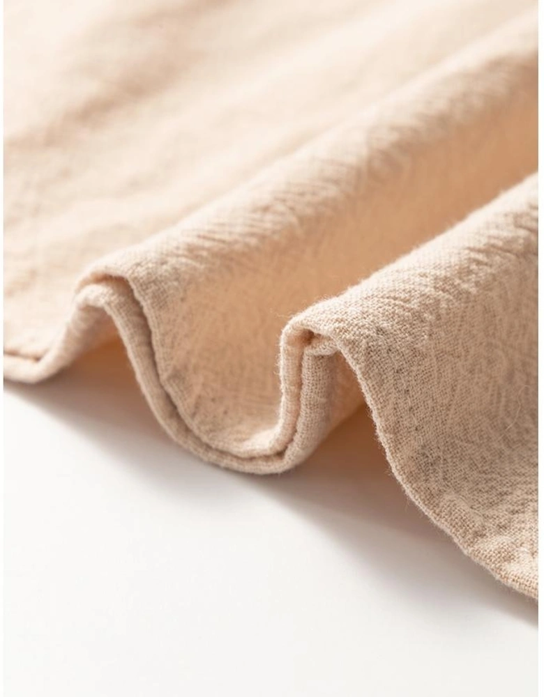 Jet Stream Linen Embroidery Split Neck Pom Pom Ruffle Sleeves Flowy Short Dress