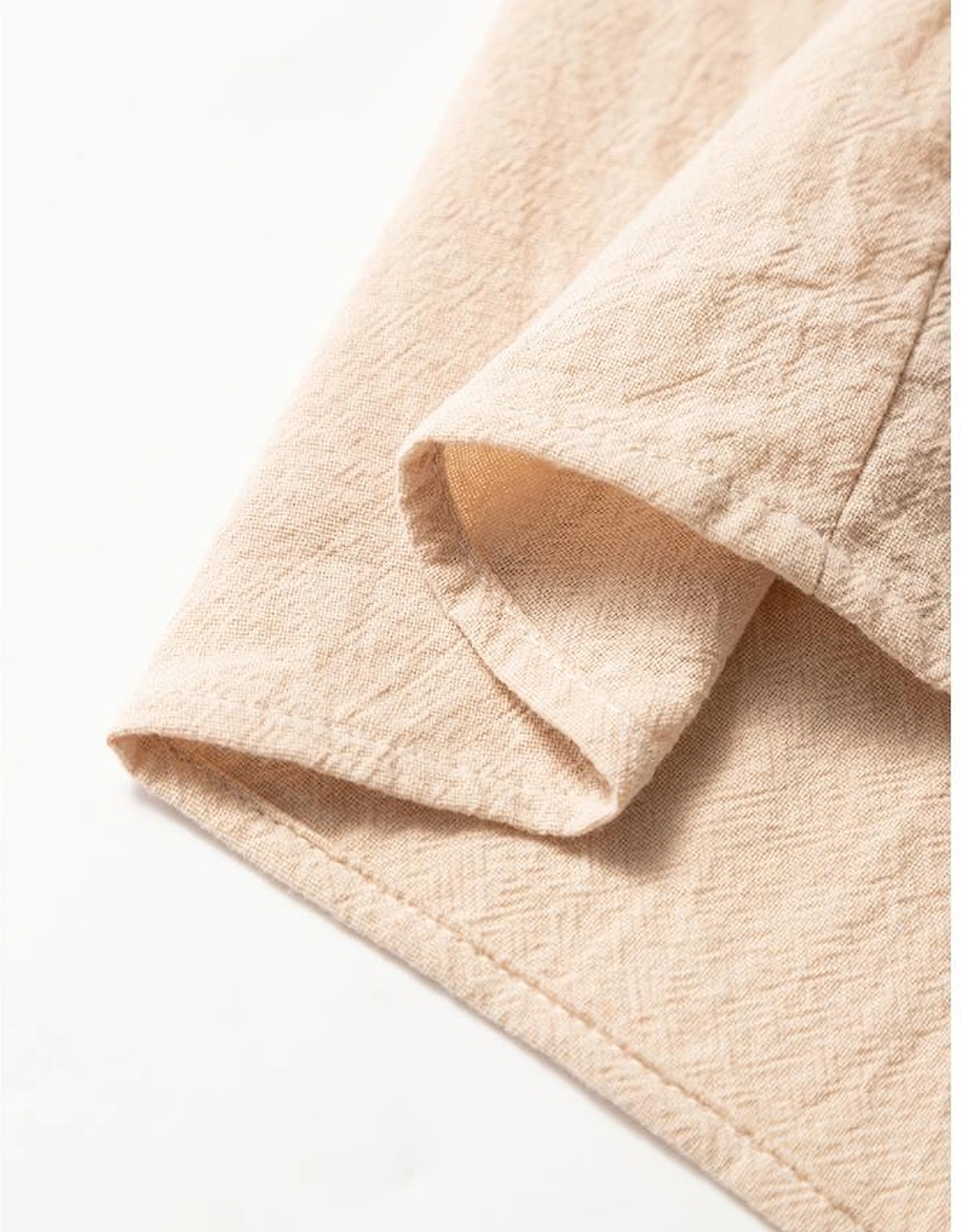 Jet Stream Linen Embroidery Split Neck Pom Pom Ruffle Sleeves Flowy Short Dress