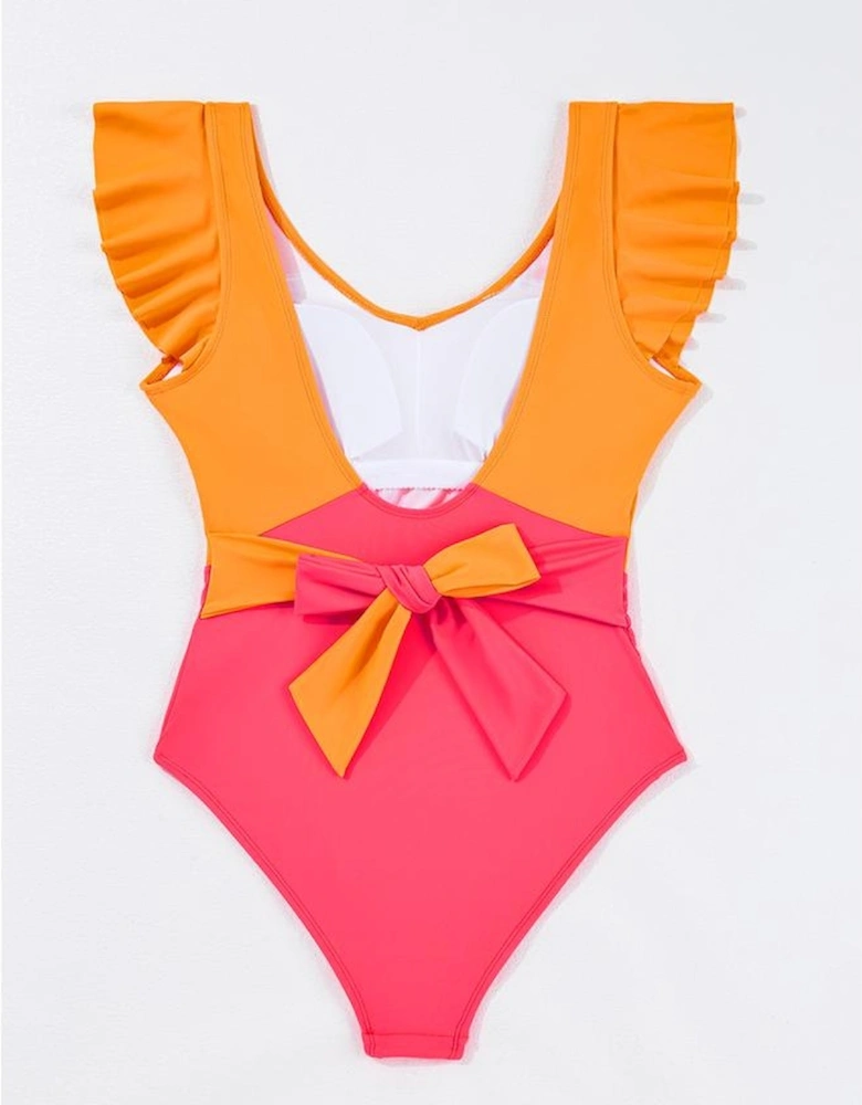 Vitality Orange Color Block Ruffled Knotted Backless One Piece Swimsuit
