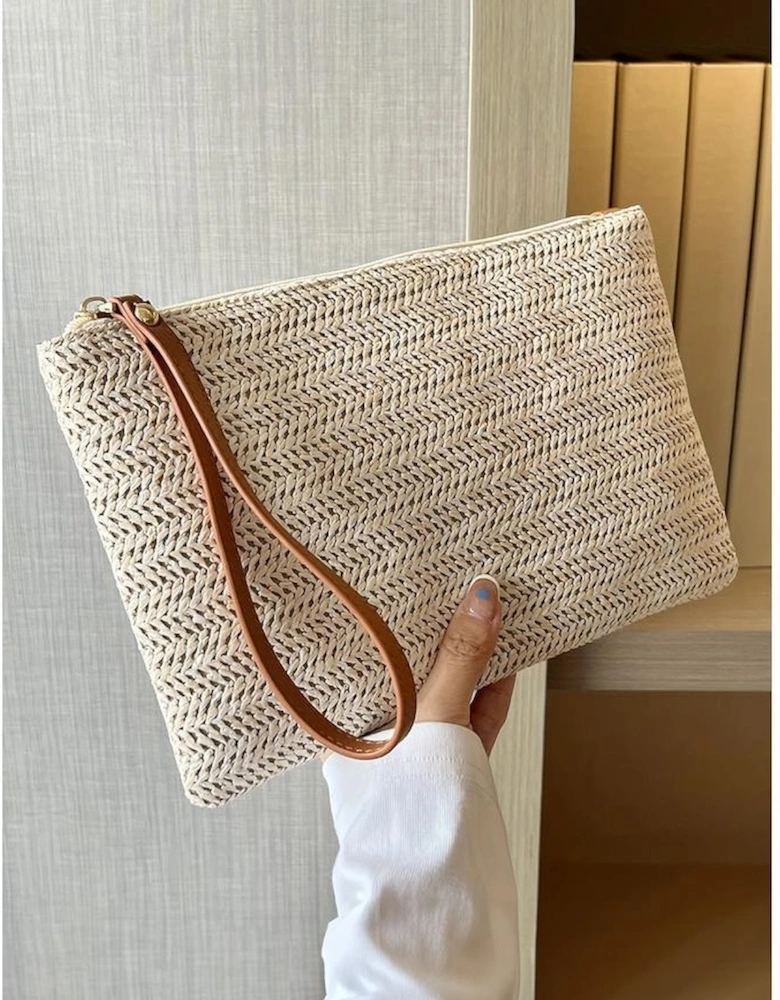 Oatmeal Straw Woven Wrist Strap Zipper Large Wallet