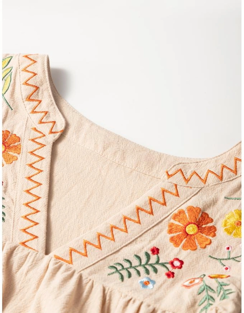 Jet Stream Linen Embroidery Split Neck Pom Pom Ruffle Sleeves Flowy Short Dress