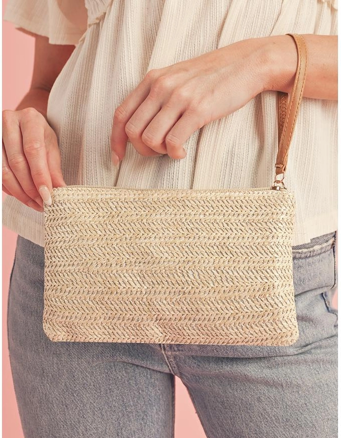 Oatmeal Straw Woven Wrist Strap Zipper Large Wallet