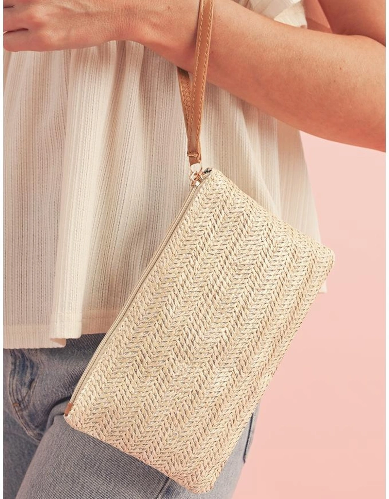 Oatmeal Straw Woven Wrist Strap Zipper Large Wallet