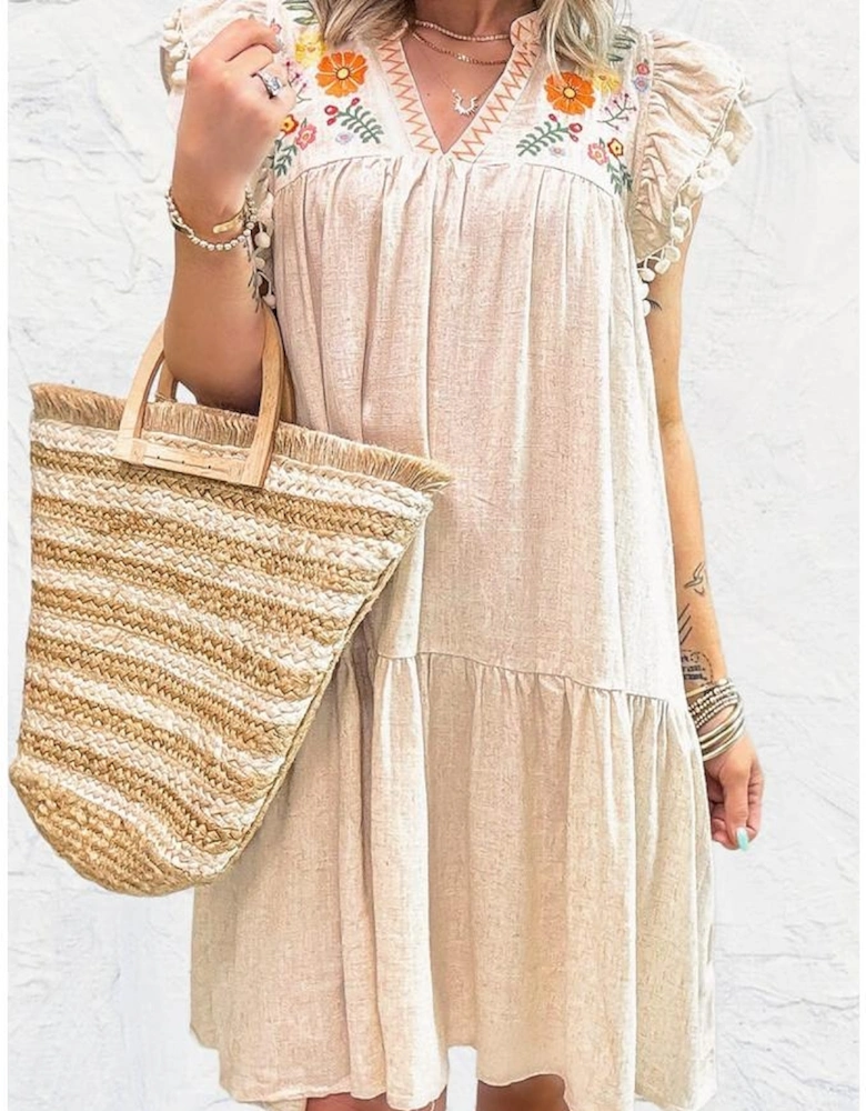 Jet Stream Linen Embroidery Split Neck Pom Pom Ruffle Sleeves Flowy Short Dress